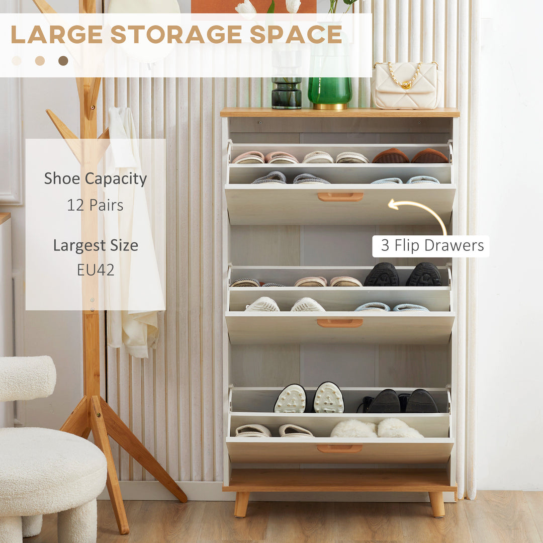 Narrow Shoe Cabinet, Slim Shoe Storage Cabinet with 3 Flip Drawers and Adjustable Shelves, 12 Pair of Shoes Organizer for Hallway, Entryway, White