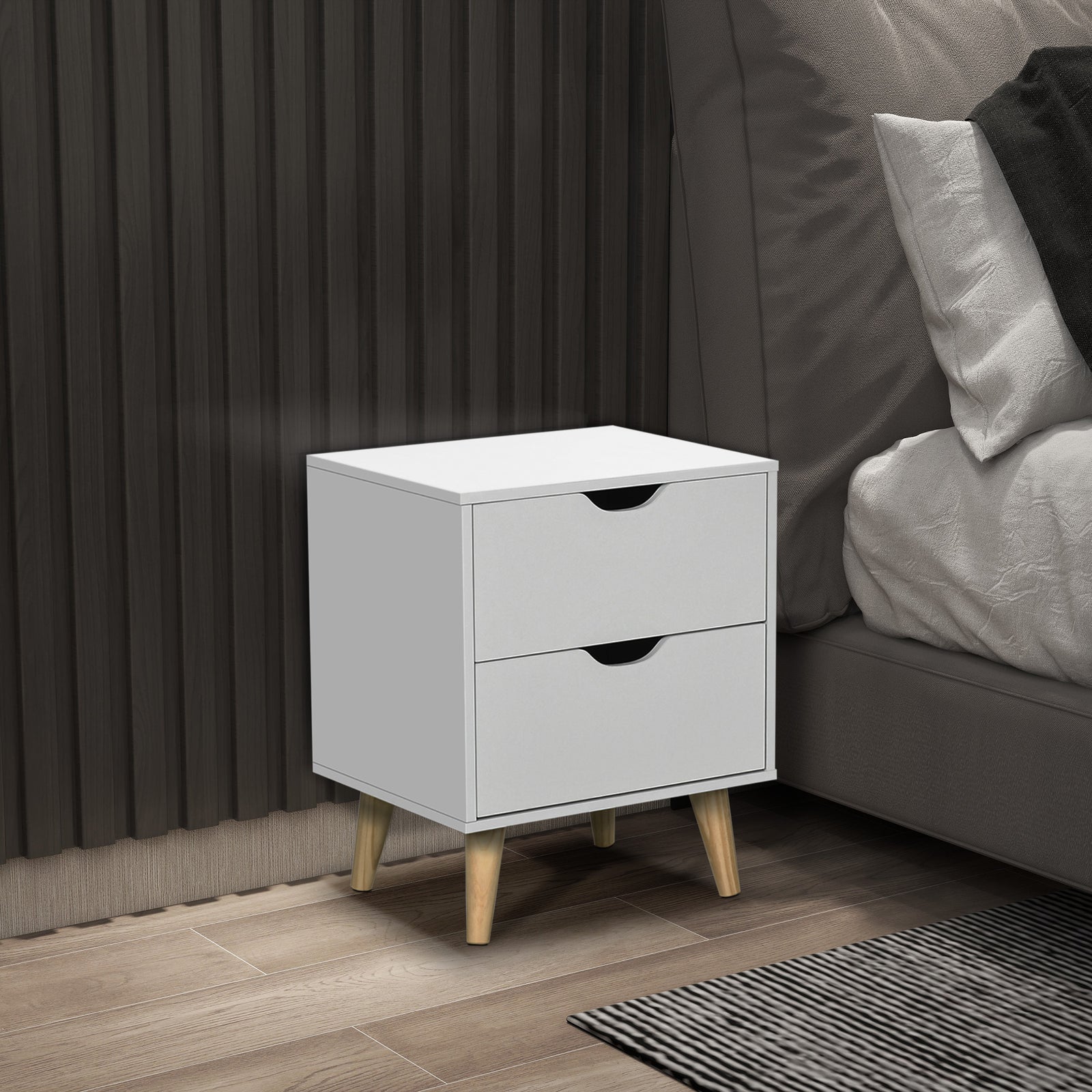 Bedside Table, Bedside Cabinet with 2 Drawers, Side End Table with Pine Wood Legs for Bedroom Living Room, White