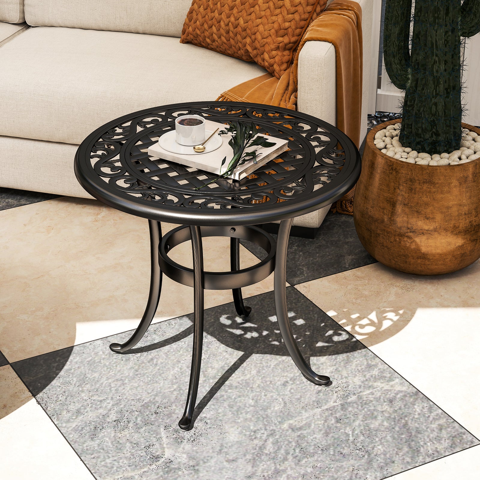 Outdoor Garden Table, Cast Aluminium Patio End Table with Anti-slip Foot Pads for Garden, Patio, Balcony, 60 x 52.5cm, Black