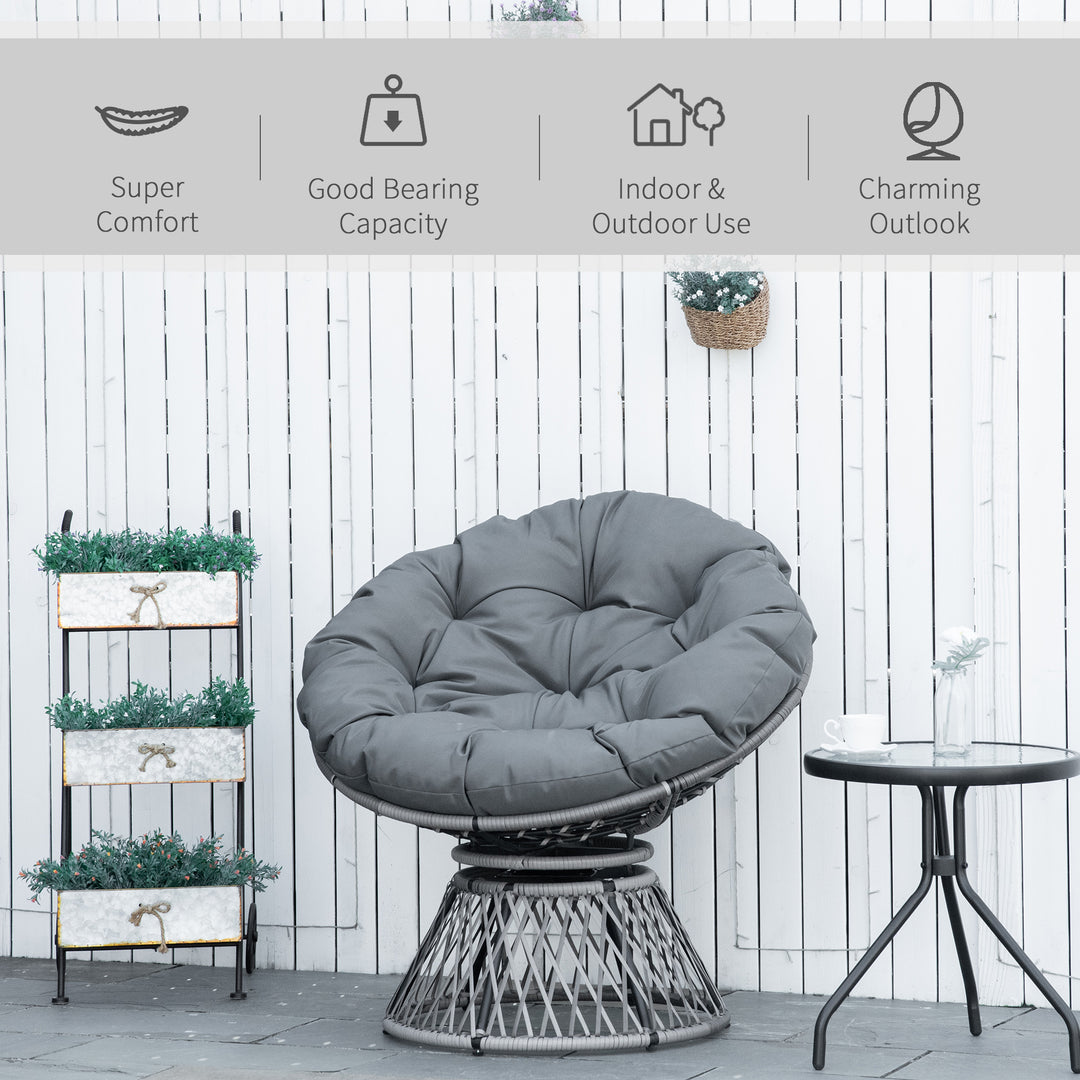 MCL 360° Swivel Rattan Papasan Moon Bowl Chair Round Lounge Garden Wicker Basket Seat with Padded Cushion Oversized for Outdoor Indoor, Grey