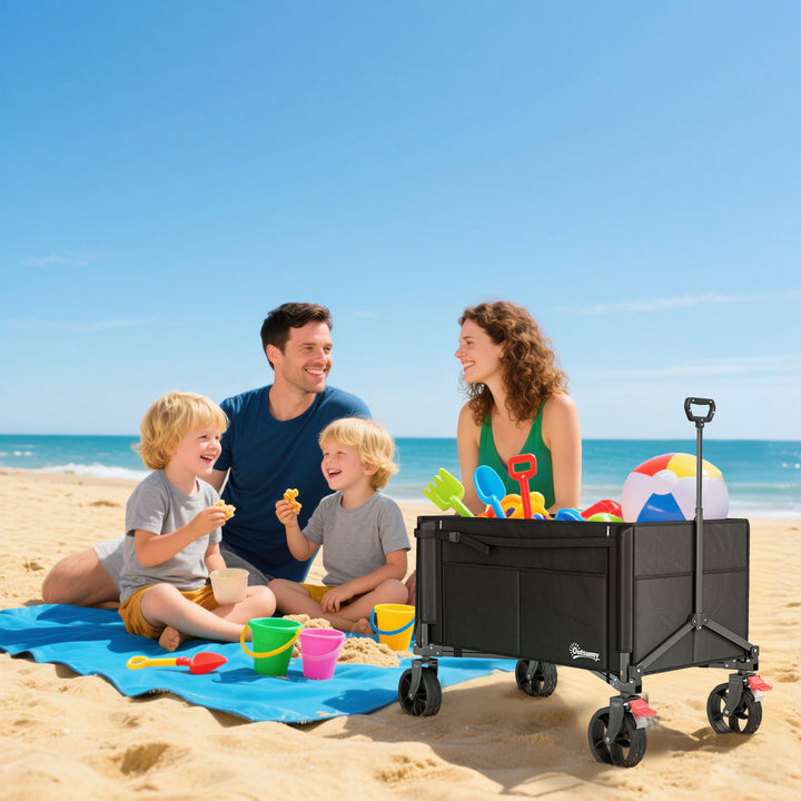 Festival Trolley on Wheels, 150L Folding Camping Trolley Cart with Openable Sides, Adjustable Handle and Brakes for Shopping Beach Garden Fishing, Black