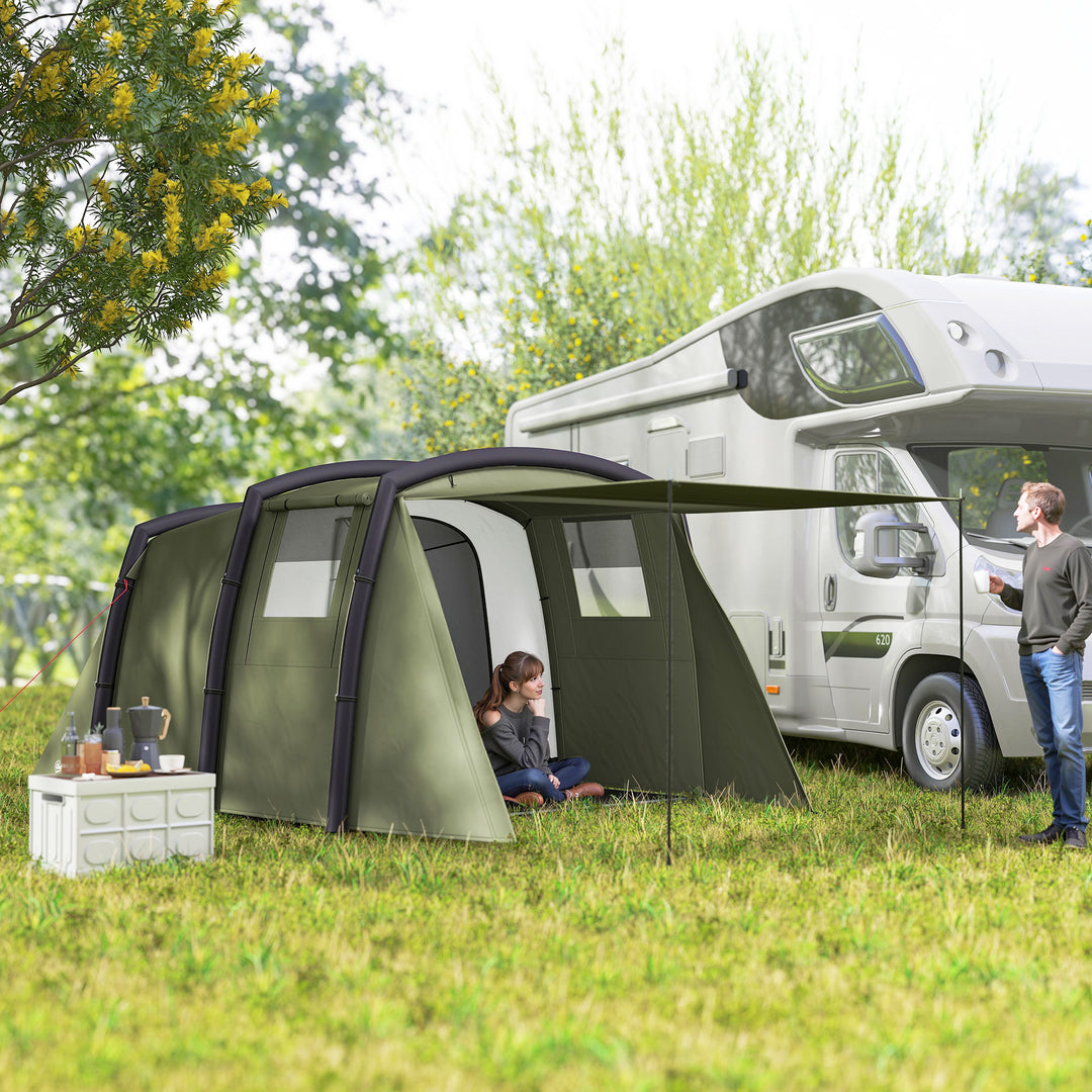 Inflatable 3-4 Man Tunnel Tent w/ Air Pump, Living Area & Vestibule, Waterproof Family Camping Air Tent w/ Sewn In Groundsheet & Removable Footprint for Camping, Hiking, Olive Green