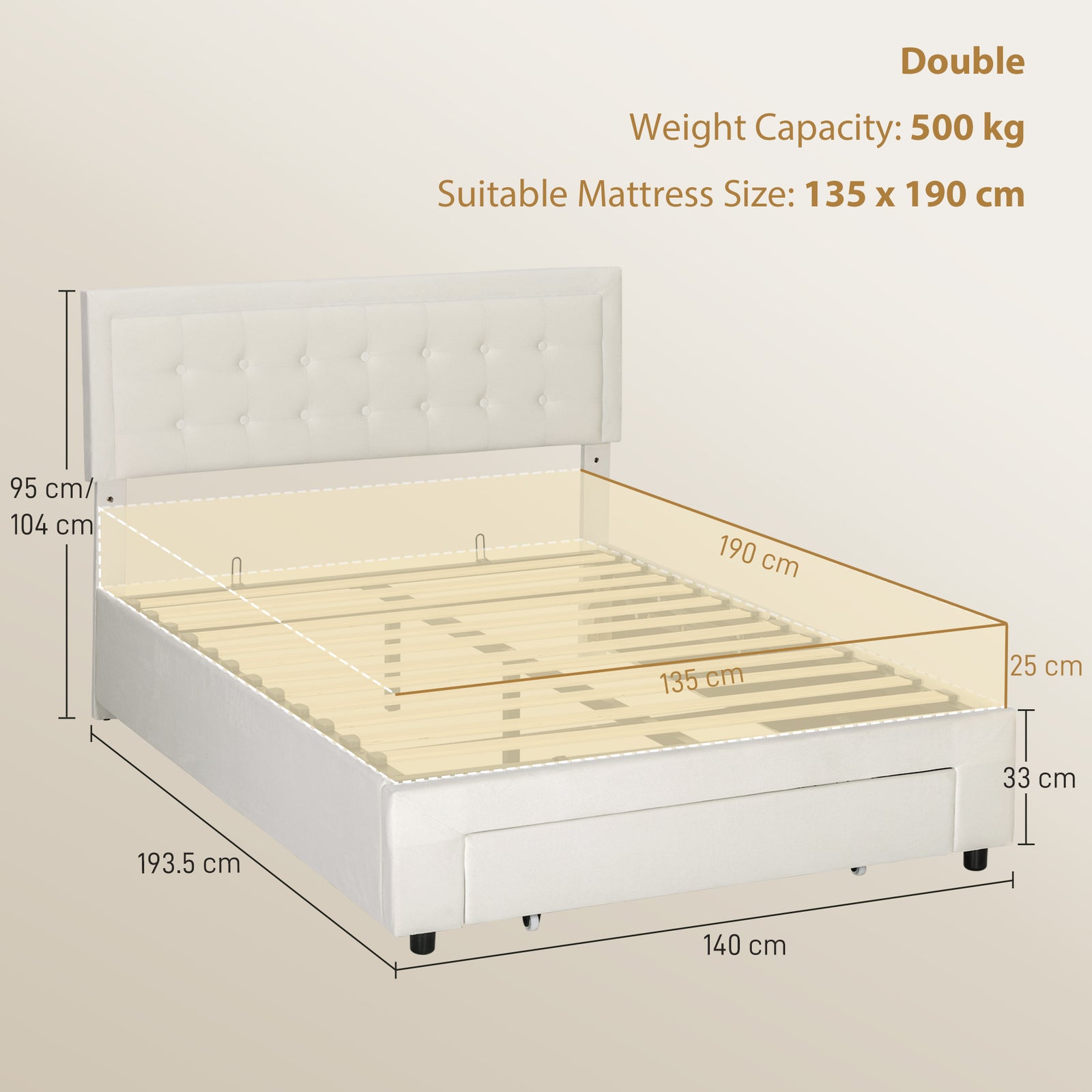 4ft6 Double Ottoman Bed Frame, with Front Drawer - Cream