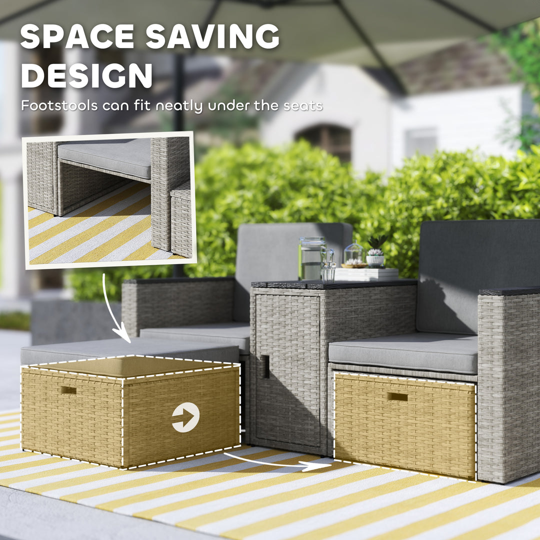 5 Piece Rattan Garden Furniture Set, Nesting Outdoor Furniture Conversation Set with 2 Footstools, WPC Storage Coffee Table and Cushions, Wicker Garden Sofa for Conservatory, Terrace, Grey