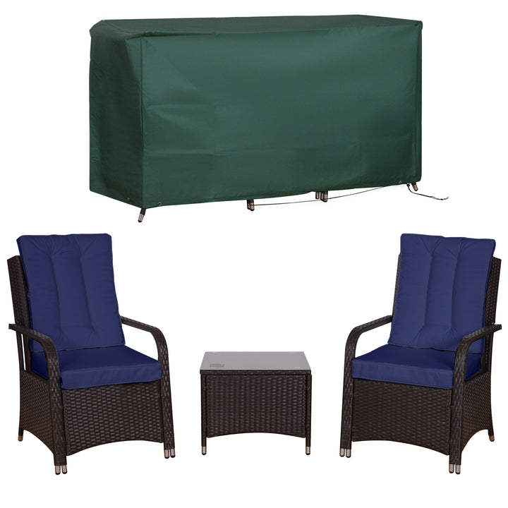 3 Pieces Rattan Bistro Set with Furniture Cover, Wicker Garden Furniture Set, Glass Top Coffee Table and Chairs with Cushions for Outdoor, Patio, Balcony, Dark Blue