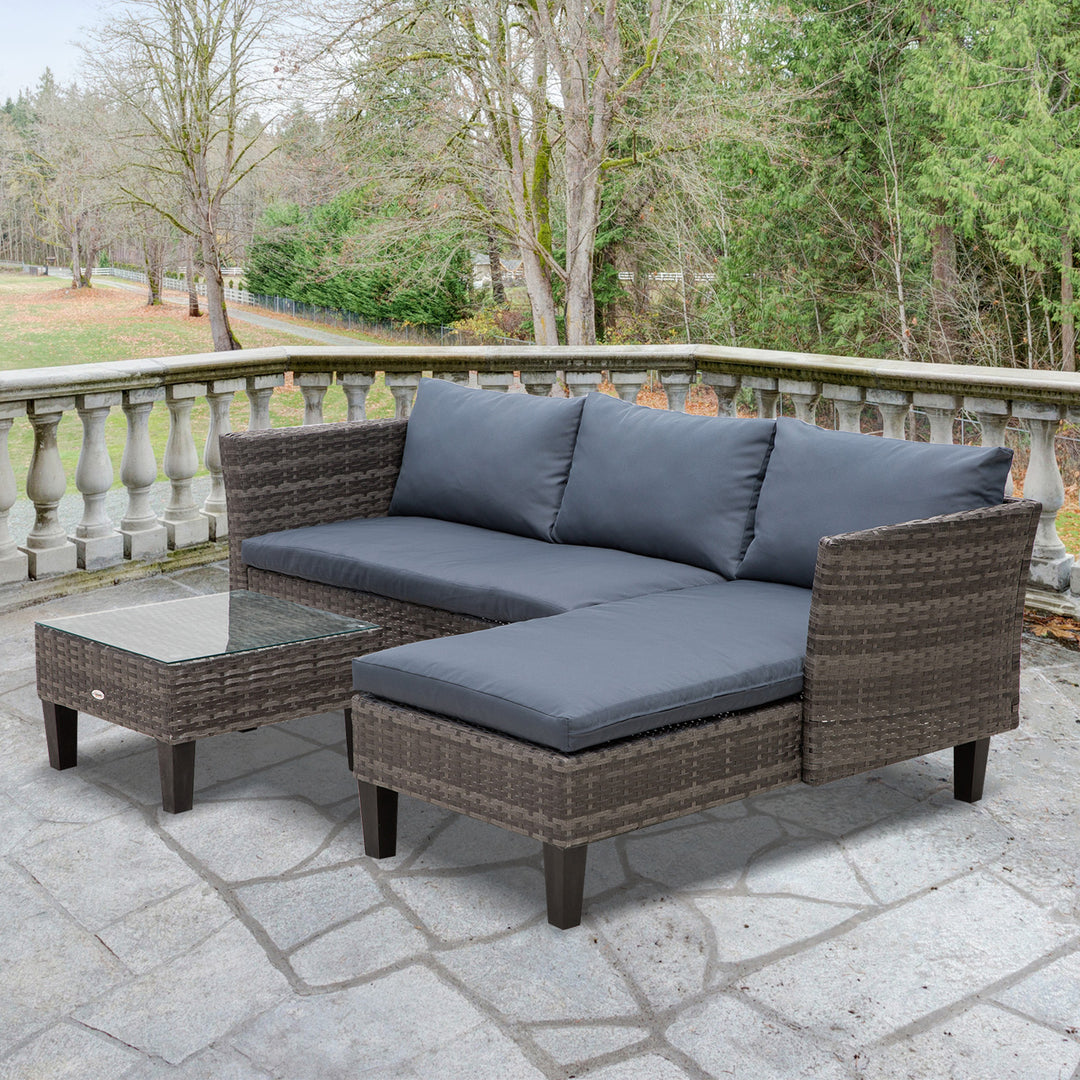 Outsunny 4-Seater Garden Sofa PE Rattan Set w/ 2 Seats Square Glass Top Coffee Table Thick Cushions Solid Legs Patio L Corner Shape, Grey | Aosom UK