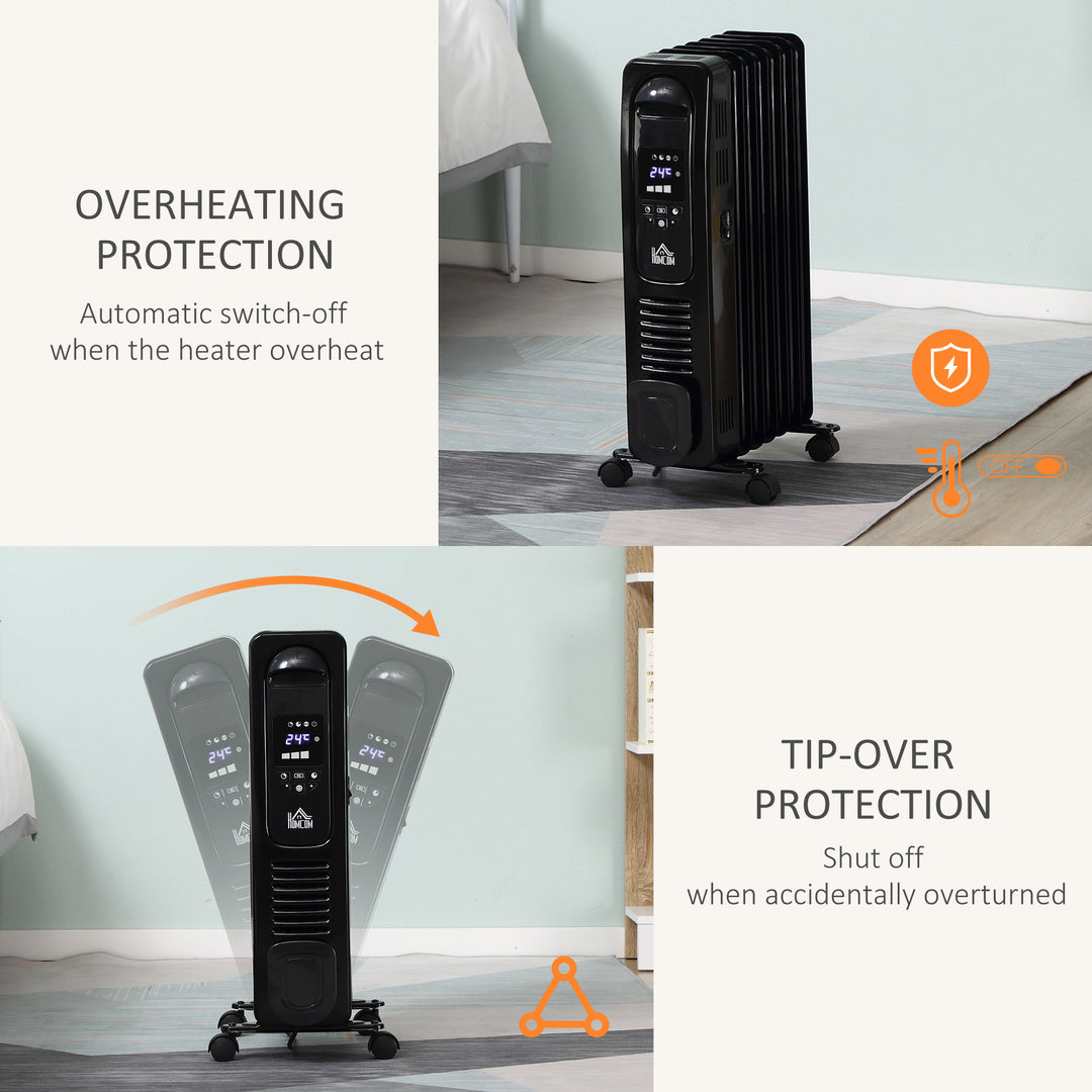 MCL 1500W Digital Oil Filled Radiator, 7 Fin, Portable Electric Heater with LED Display, Built-in Timer, 3 Heat Settings, Safety Cut-Off and Remote Control, Black