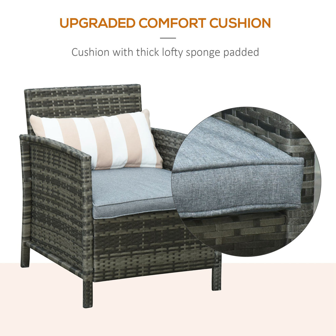3 Pieces Rattan Bistro Set, Wicker Garden Furniture Set, Glass Top 2-tier Coffee Table and Chairs Set with Pillows and Washable Cushions for Outdoor, Patio, Balcony, Grey
