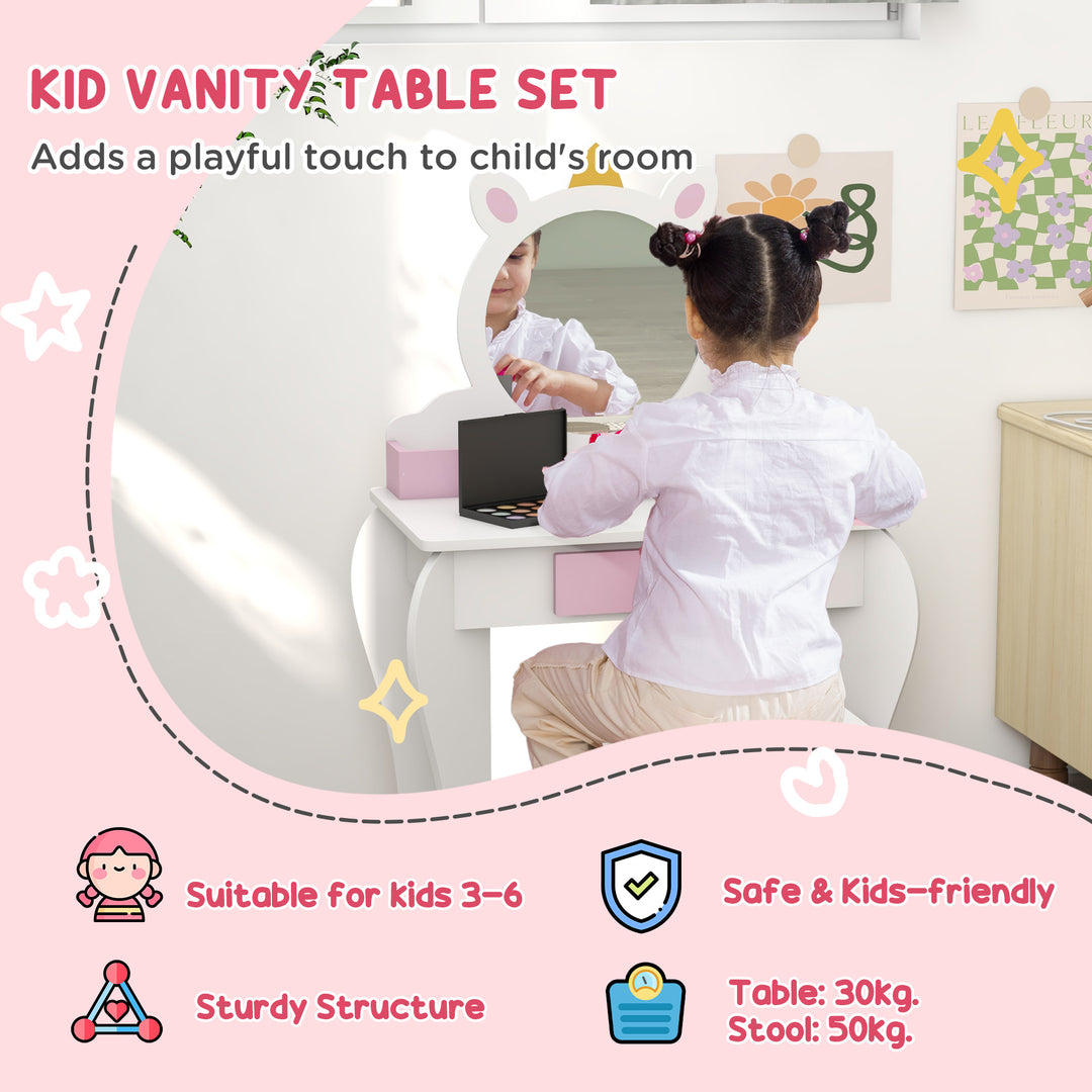 ZONEKIZ Kids Dressing Table, Unicorn Design with Mirror & Stool, Creative Play, White | Aosom UK