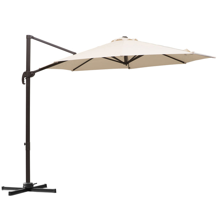 Outsunny Banana Parasol 3M Cantilever Umbrella with Cross Base, Aluminium Frame, 360° Rotation, Hand Crank, Beige | Aosom UK