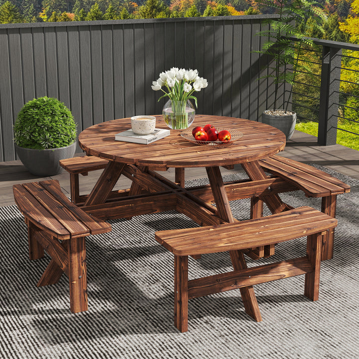 Wooden Garden Dining Set, 8 Seater Patio Furniture Set with Round Picn