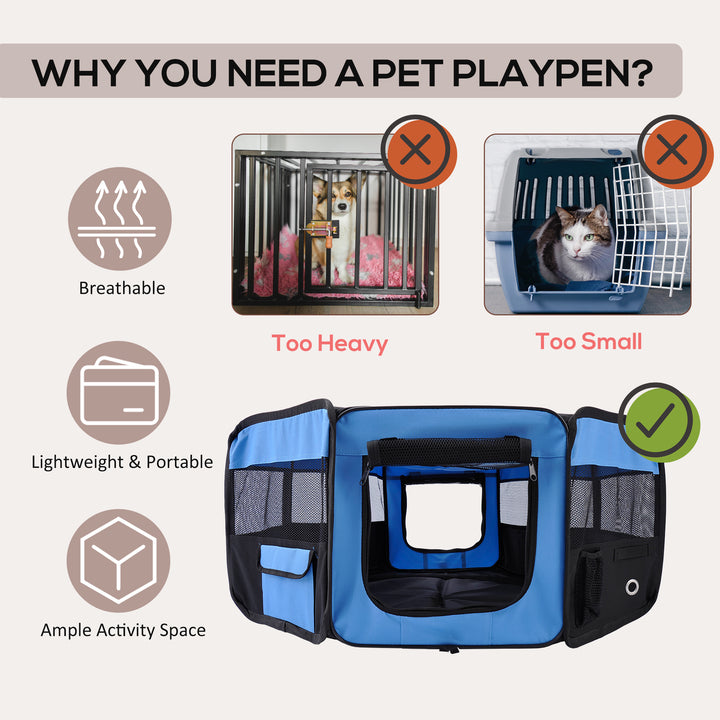 PawHut Fabric Pet Playpen: 8-Panel Foldable Mesh Enclosure for Outdoor Use, Dia 90 x 41H cm, Blue | Aosom UK