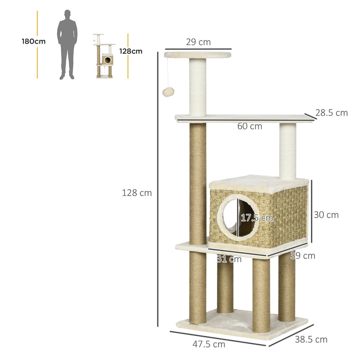 PawHut Cat Tree Tower, Indoor Climbing Activity Centre for Kittens with Jute Scratching Posts, Cosy Condo, Stand & Hanging Ball Toy, Beige | Aosom UK