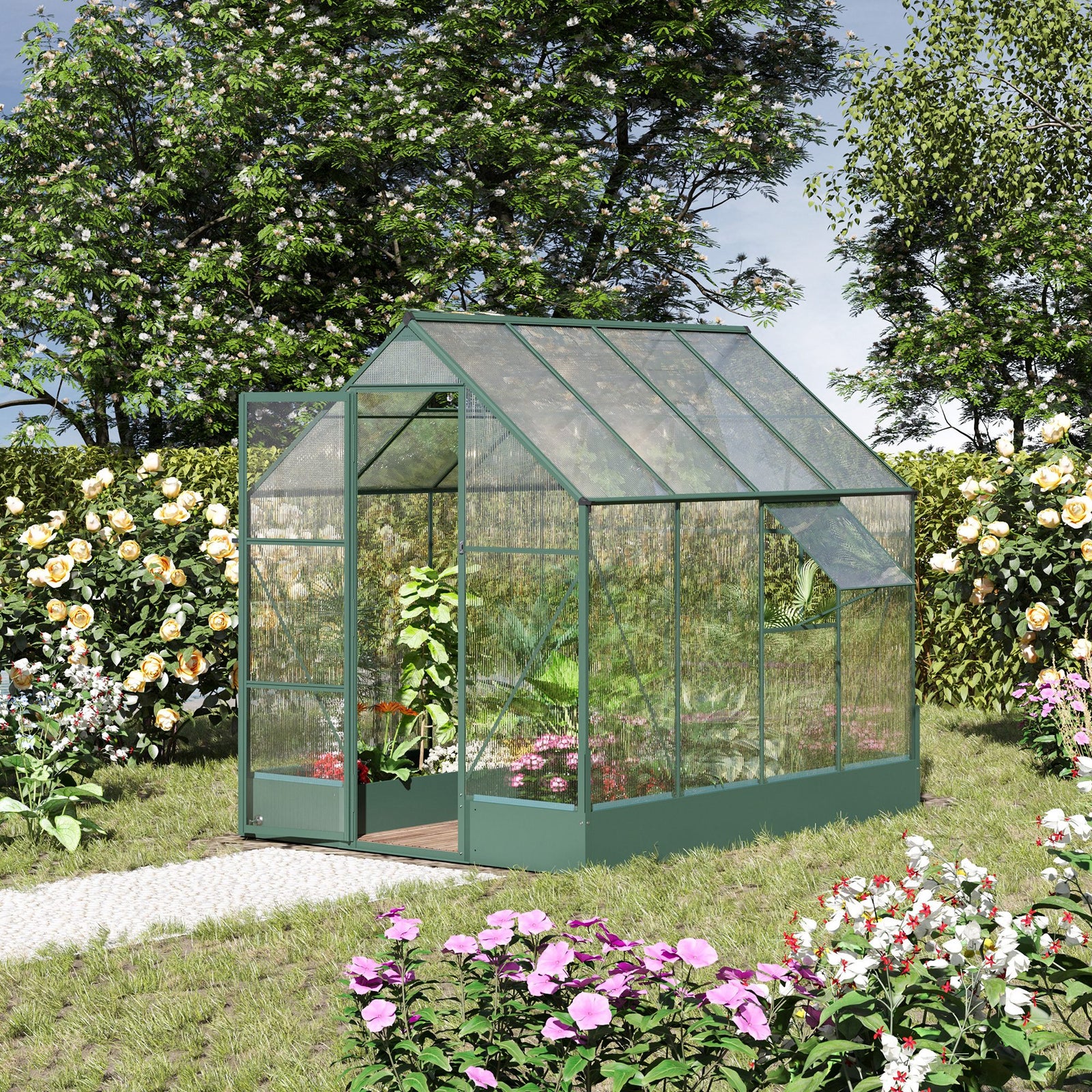 6x8 FT Polycarbonate Greenhouse with Base and Raised Bed, Walk-in Greenhouse with Aluminium Frame, Temperature Controlled Window, Foundation for Plants, Flowers, Vegetable