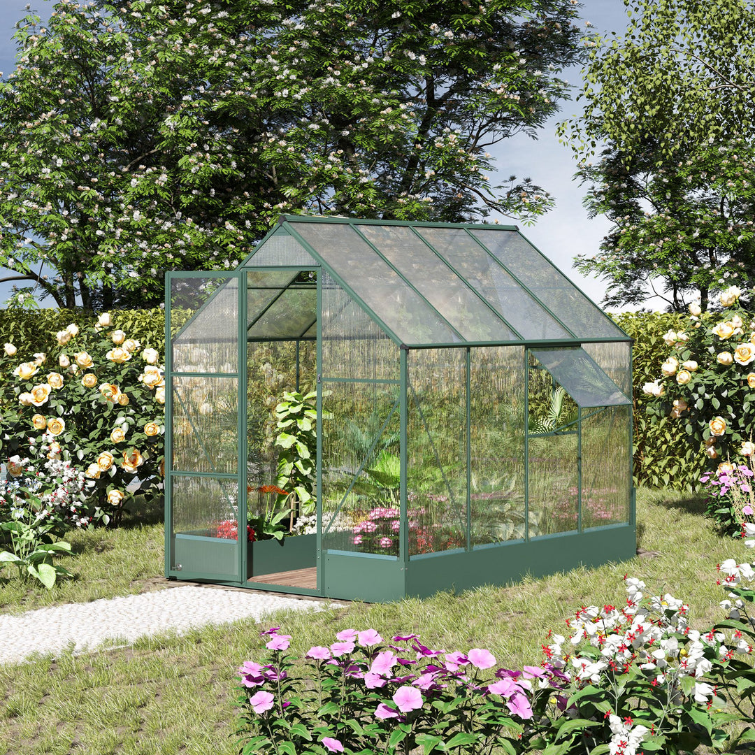 MCL 6x8 FT Polycarbonate Greenhouse with Base and Raised Bed, Walk-in Greenhouse with Aluminium Frame, Temperature Controlled Window, Foundation for Plants, Flowers, Vegetable