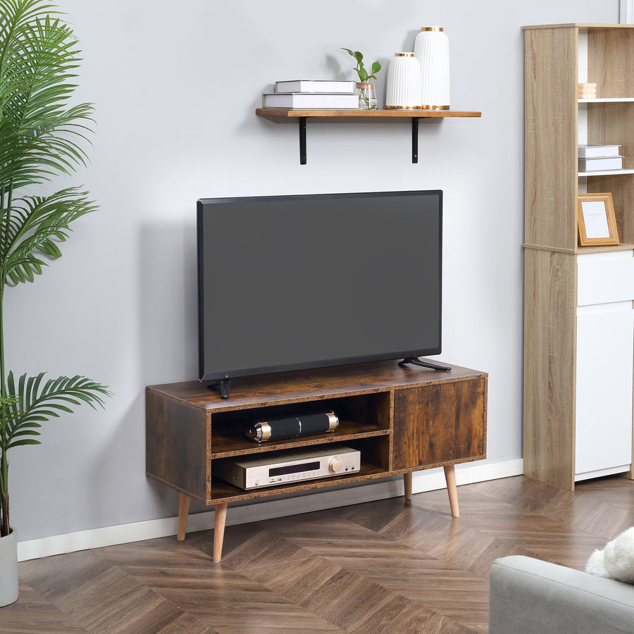 TV Stand Cabinet up to 55 Inches, TV Unit with Single Door and Open Shelves, Cable Holes for Living Room, Bedroom, Brown