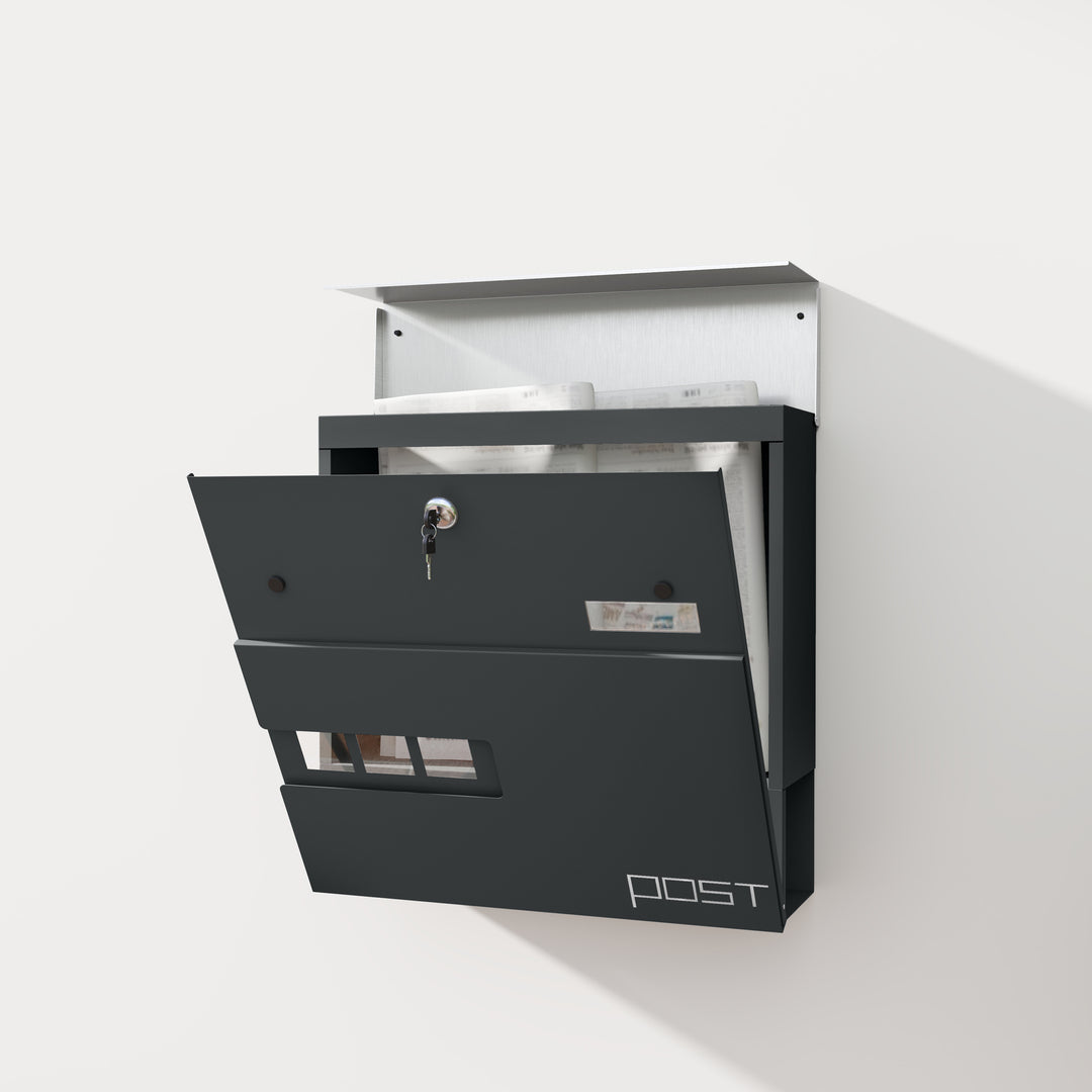 Locking Galvanised Steel Letterbox - Charcoal Grey/Black