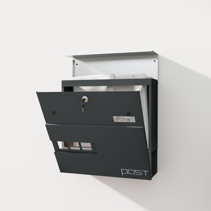 Locking Galvanised Steel Letterbox - Charcoal Grey/Black
