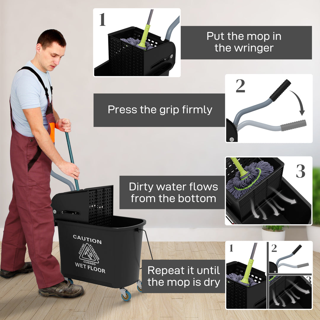 20L Compact Mop Bucket on Wheels, with Water Separation Panel - Black