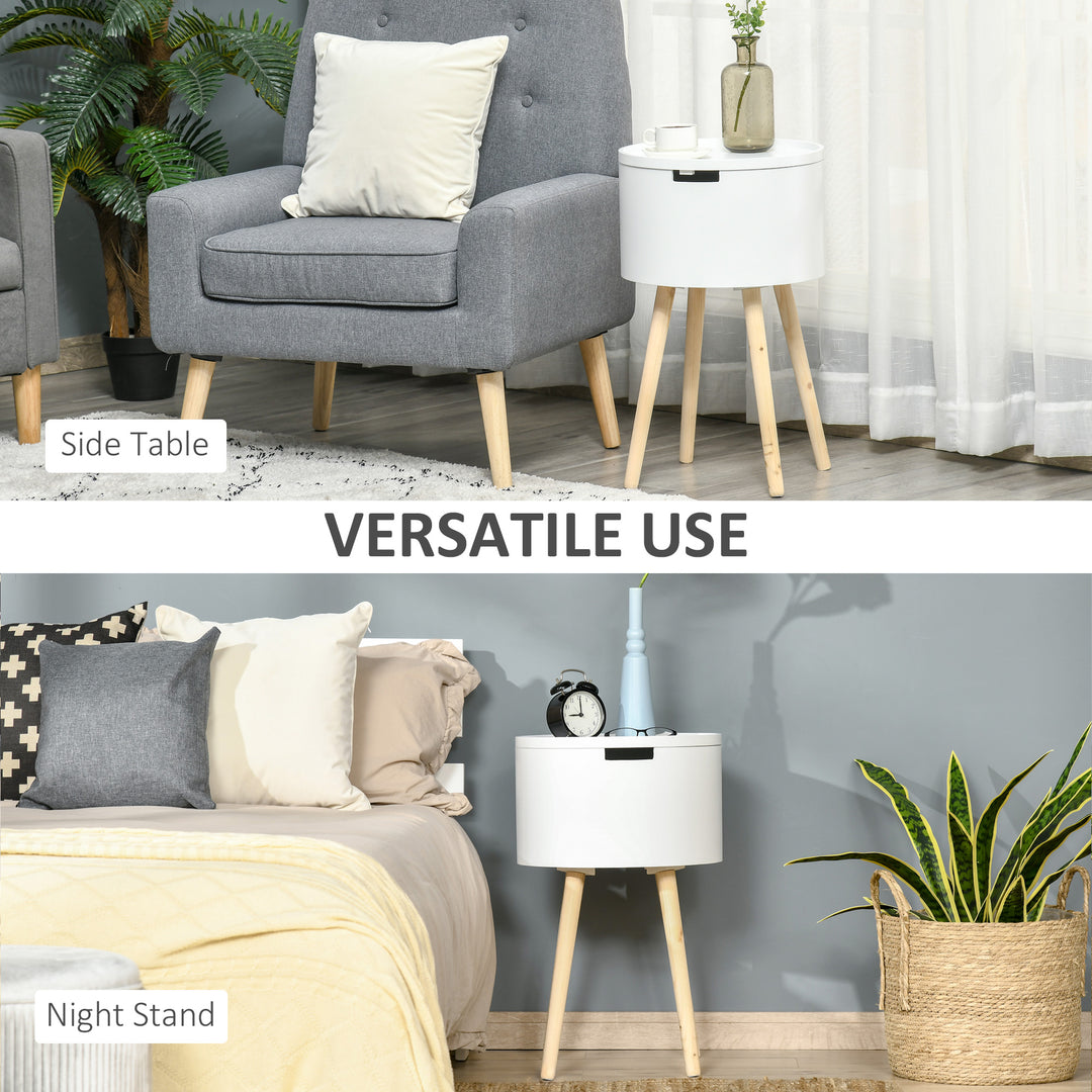 Modern Side Table with Hidden Storage Space, Round Night Stand with Removable Tray Wood Frame End Coffee Table for Living Room, Set of 2, White