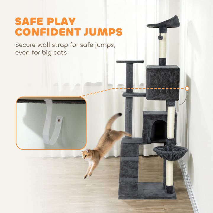 MCL 180cm Large Cat Tree Tower with Sisal Scratching Posts, Condos, Plush Perches, Hammock, Ladder, Dark Grey