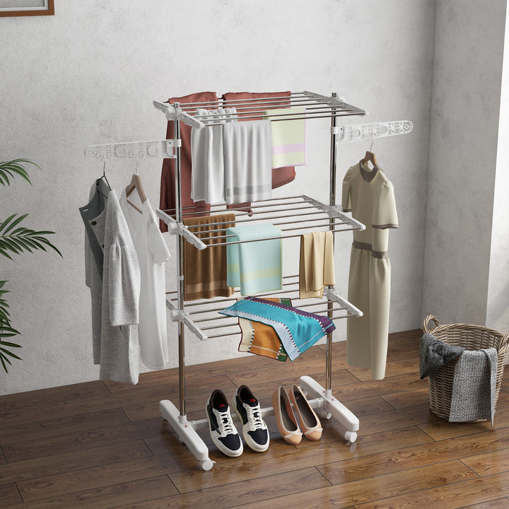 MCL 3-Tier Clothes Airer, Stainless Steel Foldable Clothes Drying Rack with Wheels and Wings, Indoor and Outdoor, Easy Assembly, 142 x 55 x 152cm, White