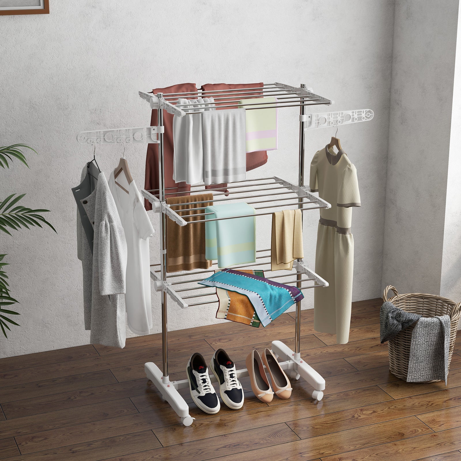 3-Tier Clothes Airer, Stainless Steel Foldable Clothes Drying Rack with Wheels and Wings, Indoor and Outdoor, Easy Assembly, 142 x 55 x 152cm, White