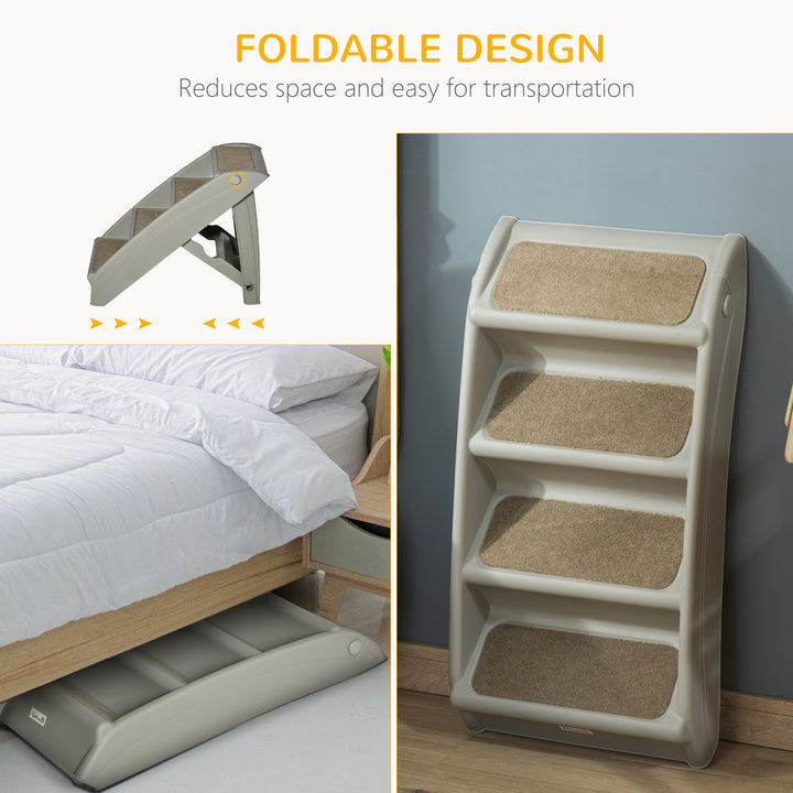 Foldable Four-Step Pet Stairs, for Cats, Small Miniature Dogs, with Non-Slip Mats 62 x 38 x 49.5cm - Grey