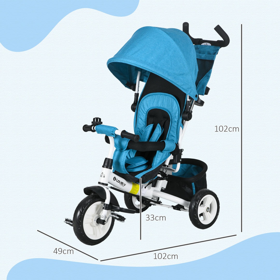 HOMCOM 4 in 1 Kids Trike Push Bike w/ Push Handle, Canopy, 5-point Safety Belt, Storage, Footrest, Brake, for 1-5 Years, Blue | Aosom UK