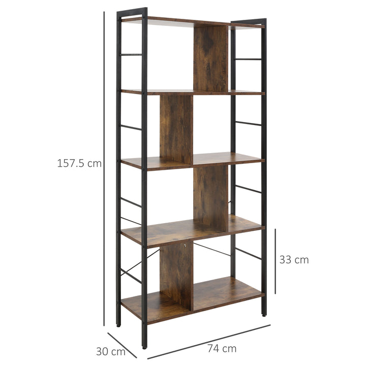 Industrial Storage Unit, 5 Tiers Bookcase with Open Compartments for Office Living Room, Bedroom, Rustic Brown and Black