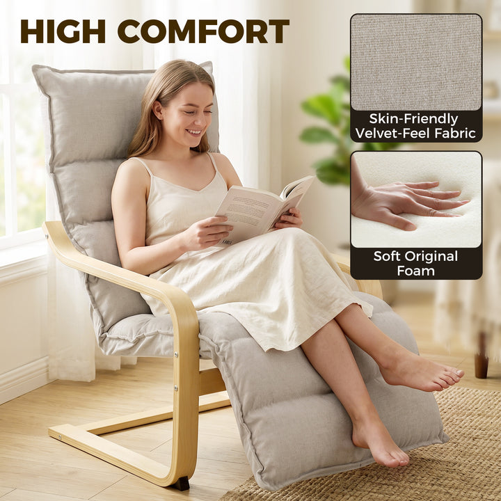 Curved Wooden Accent Chair, Armchair with Adjustable Footrest, Light B