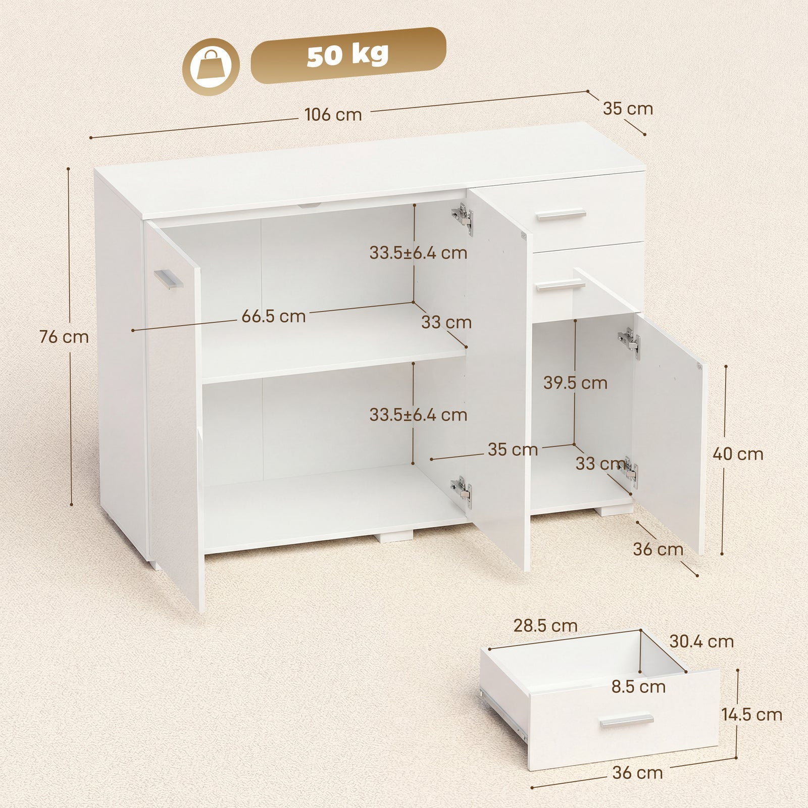 Sideboard, Modern Storage Cabinet with 2 Drawers, 3 Doors and Adjustab