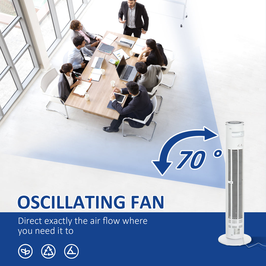 HOMCOM Tower of Cooling: Freestanding Fan with 3 Speeds, Modes & Timer, 70° Oscillation, LED Illumination & Remote, Pristine White | Aosom UK