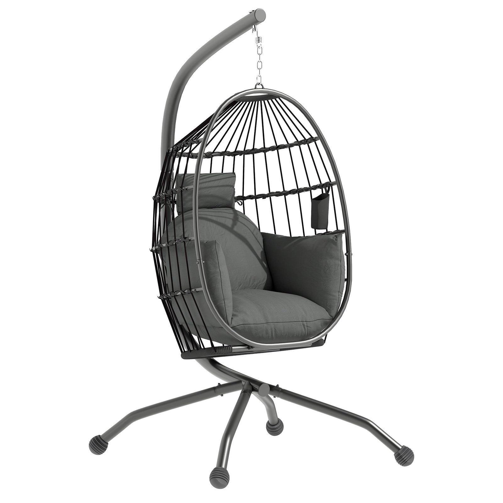 Hanging Egg Chair Outdoor Indoor Garden Swing Chair with Folding Basket and Thickened Cushion, Garden Hanging Chair with Stand, Headrest, Cup Holder for Patio, Balcony, Dark Grey
