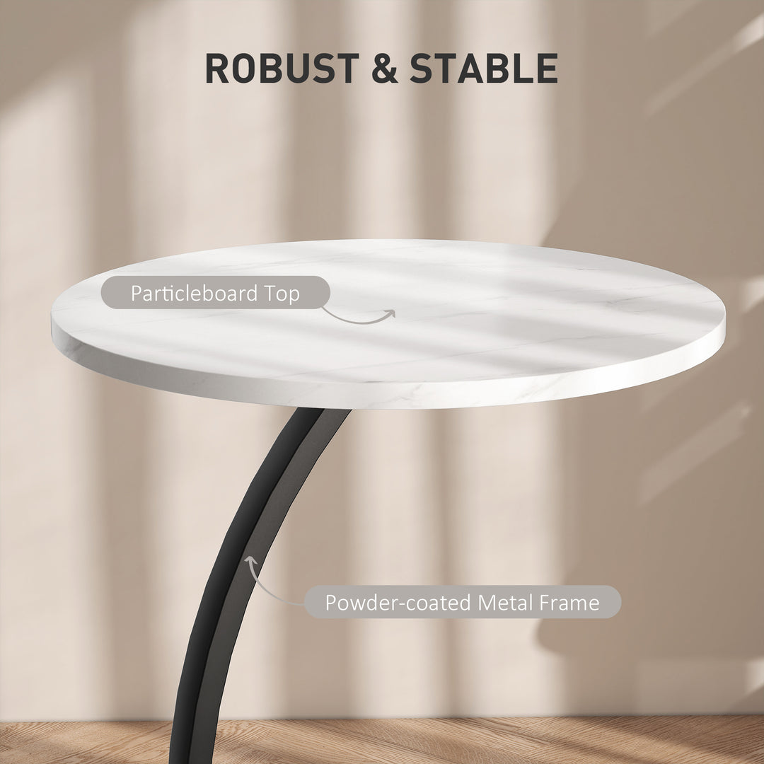 C Shaped Side Table, Round Bedside Table with Marble Effect Top, Modern Coffee Table Sofa End Table with Metal Frame for Living Room Bedroom Office, White