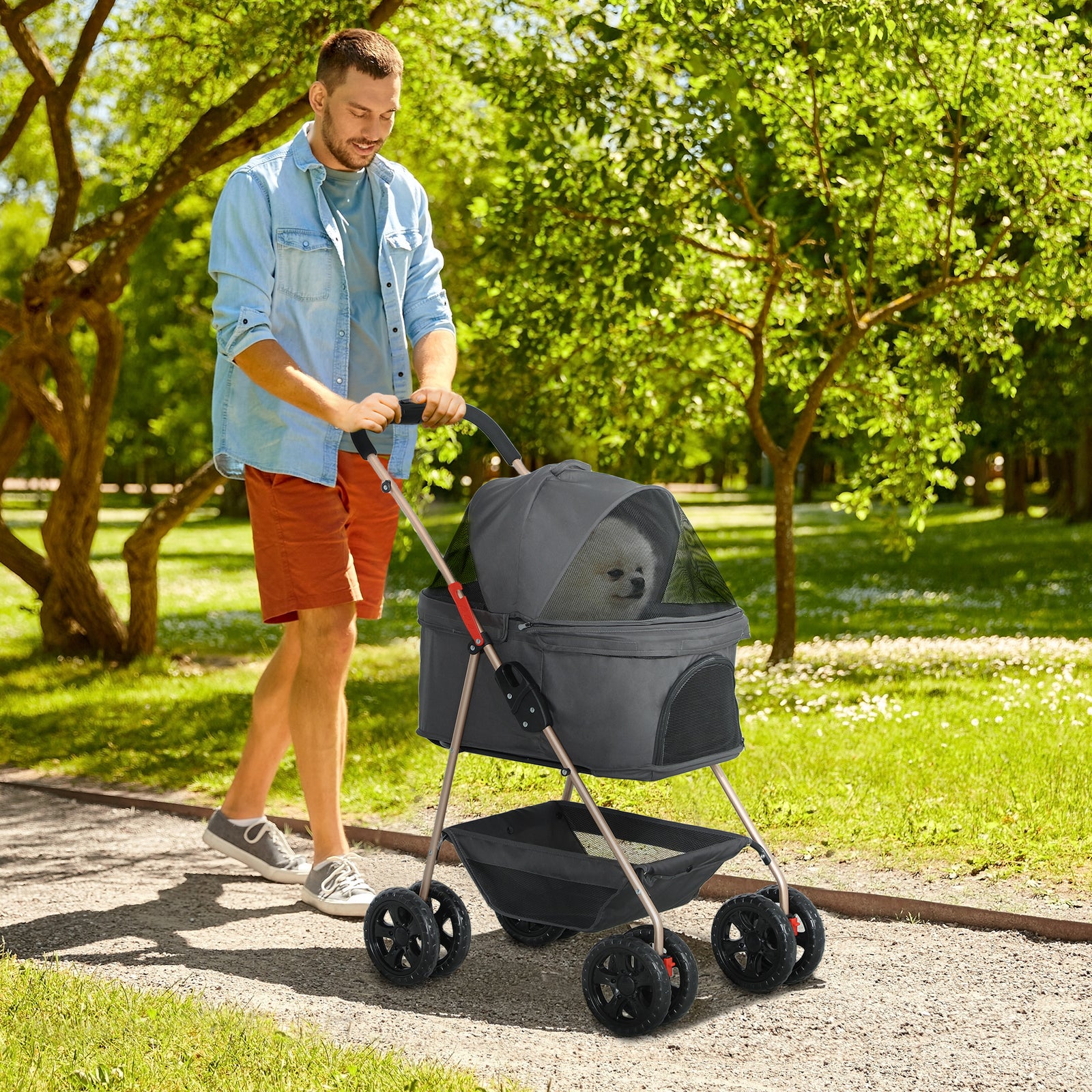 PawH 3-in-1 Pet Stroller, Folding Four-Wheel Dog Pram with Detachable Carrier for Mini Dogs, Cats, Grey