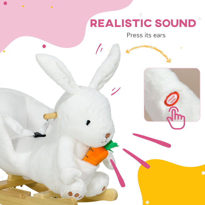 Kids Rabbit-Shaped Rocking Horse, with Safety Belt, Realistic Sounds, for Ages 18-36 Months - White