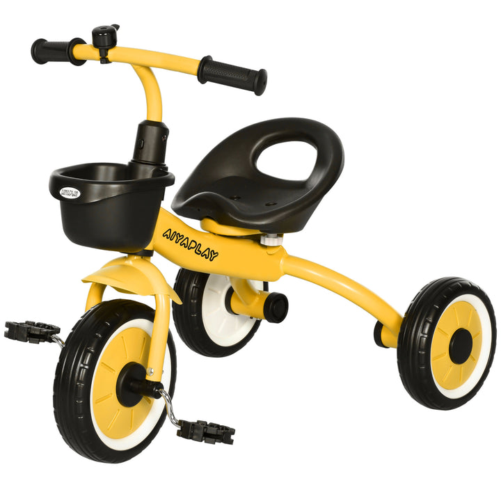 AIYAPLAY Toddler Trike: Adjustable Seat, Storage Basket & Bell, Durable Tricycle for 2-5 Years, Sunny Yellow | Aosom UK