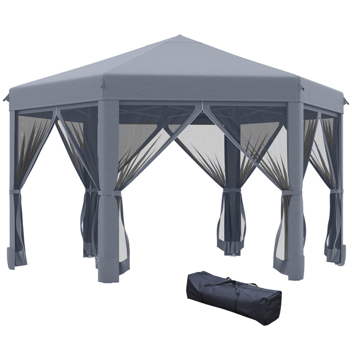 3.8m x 3.2m Pop Up Gazebo Hexagonal Canopy Tent Outdoor Sun Protection with 6 Mesh Sidewalls, Hand Bag, Grey