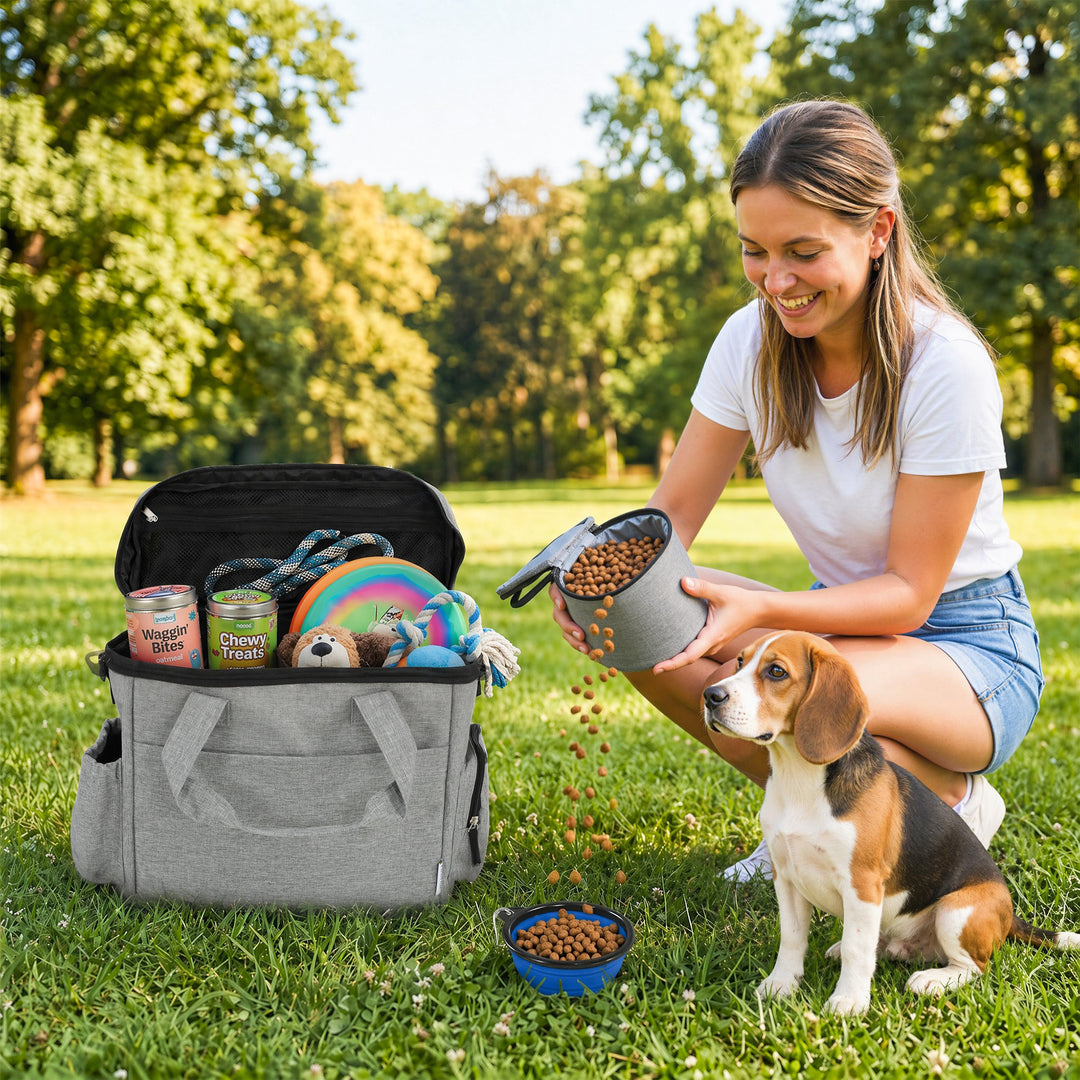 Dog Travel Bag, Waterproof Walking Bag with Multiple Pockets, Two Food