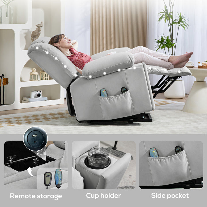 Velvet-Feel Electric Riser, Recliner and Massage Armchair - Light Grey