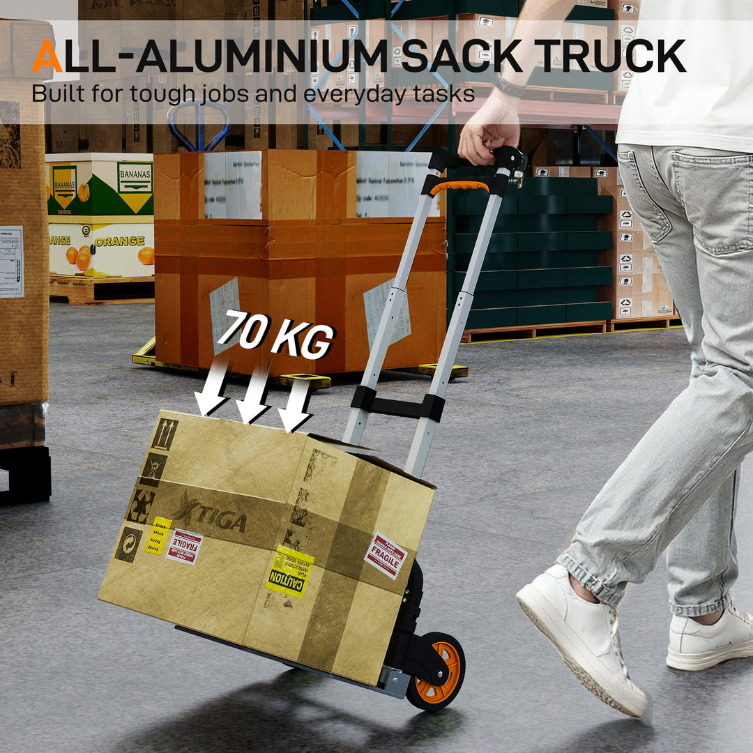 MCL Folding Sack Truck, 70kg Lightweight Hand Truck with Wheels, Foldable Trolley Cart with Telescoping Handle for Warehouse, Office, Luggage, Silver Tone