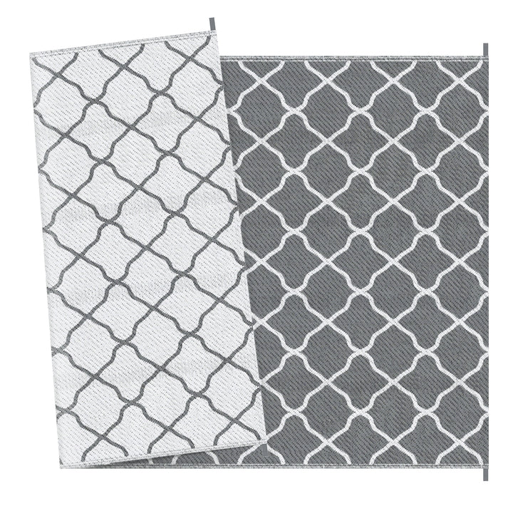 Outsunny Reversible Outdoor Rug with Carry Bag and Ground Stakes, Waterproof Plastic Straw Mat for Backyard, Deck, RV, Picnic, Camping Grey & White