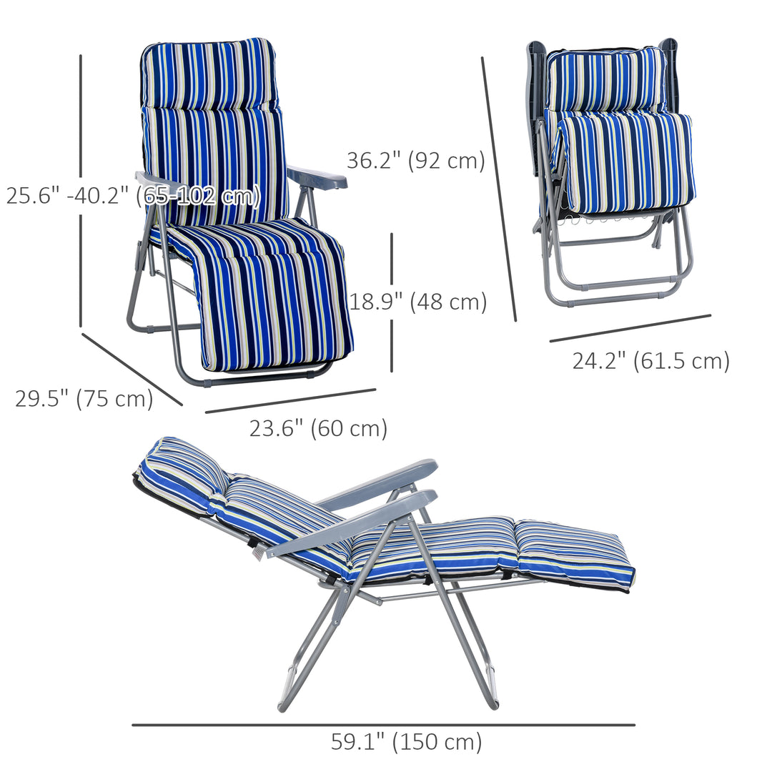 MCL Reclining Garden Chair Set of 2, 5-Level Adjustable Zero Gravity Chairs with Cushions, Folding Sun Lounger Garden Recliner Chairs with Armrests for Outdoor, Patio, Blue Stripe