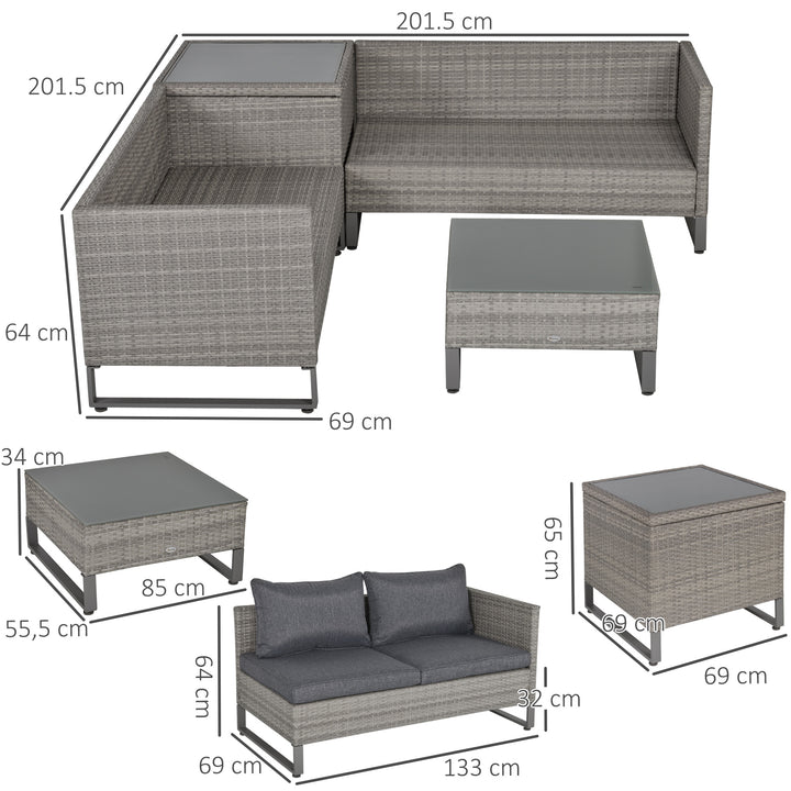 4 Pieces Rattan Garden Furniture Set, 4 Seater Garden Sofa Set with Storage Box, Loveseats and Glass Top Table, Wicker Outdoor Conservatory Furniture with Cushions for Outdoor, Patio, Grey