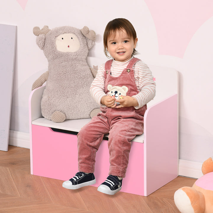 HOMCOM Kids Wooden Toy Storage Chest Chair 2 in 1 Design with Gas Stay Bar Safety Hinges Lid 60 x 30 x 50cm Pink | Aosom UK