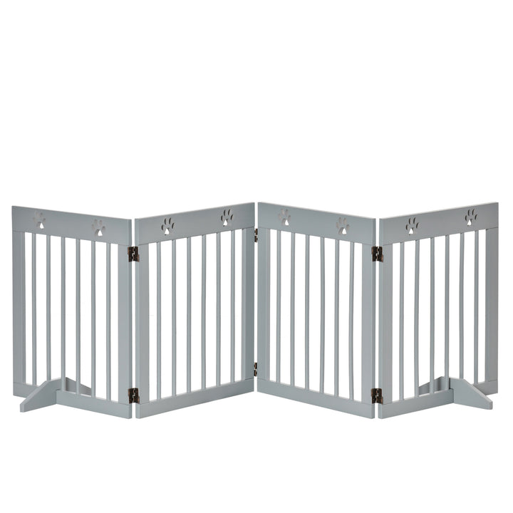 PawHut Pet Gate 4 Panel Wooden Dog Barrier Freestanding Folding Safety Fence with Support Feet up to 204cm Long 61cm Tall Light Grey