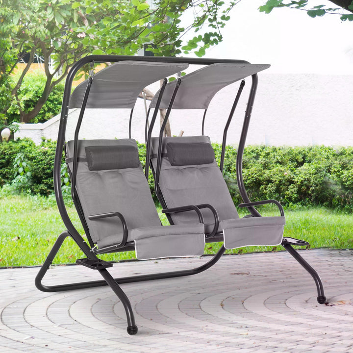 Outsunny Double Seat Swing Chair Modern Garden Swing w/ 2 Separate Relax Chairs, Handrails, Headrests and Removable Canopy, Grey