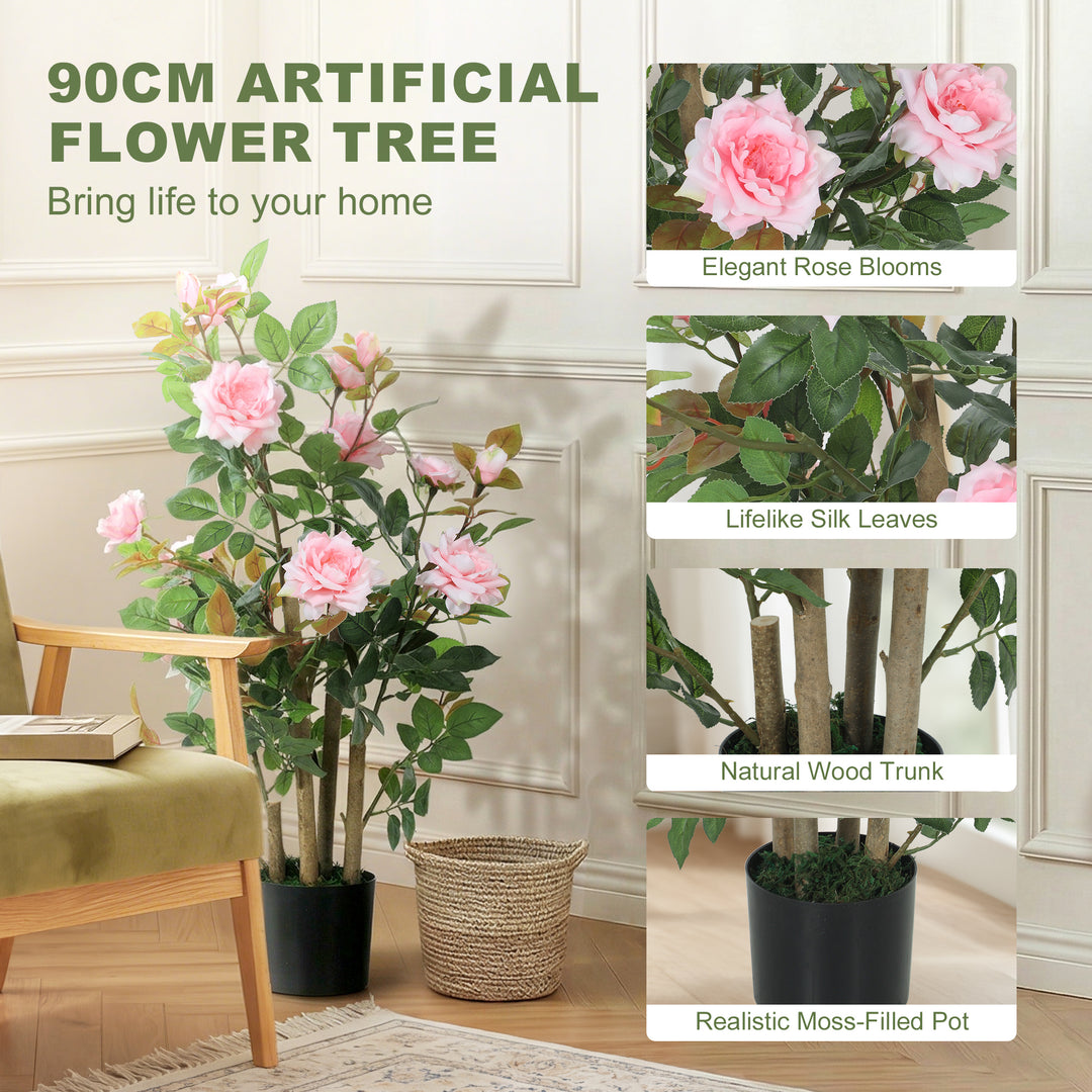 90cm Artificial Rose Tree, Decorative Fake Plant with 344 Silk Leaves 