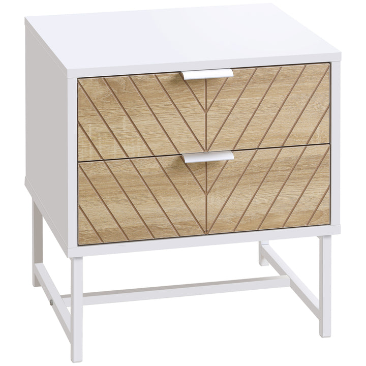 HOMCOM Contemporary Bedside Cabinet: White & Oak Nightstand with 2 Drawers, Metal Frame, Sofa Side Table | Aosom UK